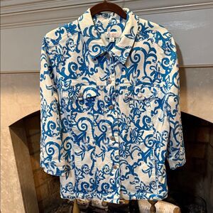 Denim&Co Blue and White Patterned Jean Jacket Size Medium